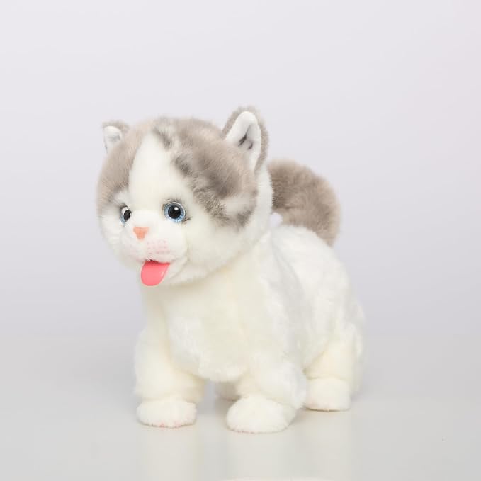 CU-MATE Electronic Stuffed Walking Cats, Realistic Interactive Pet Toy Cat, Walking, Barking, Wagging Tail & Talking, Present Gifts for 3+ Year (British Shorthair Blue and White Cat)