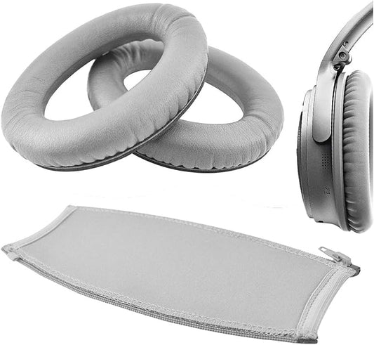 Geekria Replacement Ear Pad and Headband Pad Set for Bose QuietComfort QC35, QC35 II Gaming, QC45, QC25, QC2, QC15 Headphones, Repair Parts Suit (Grey Silver)
