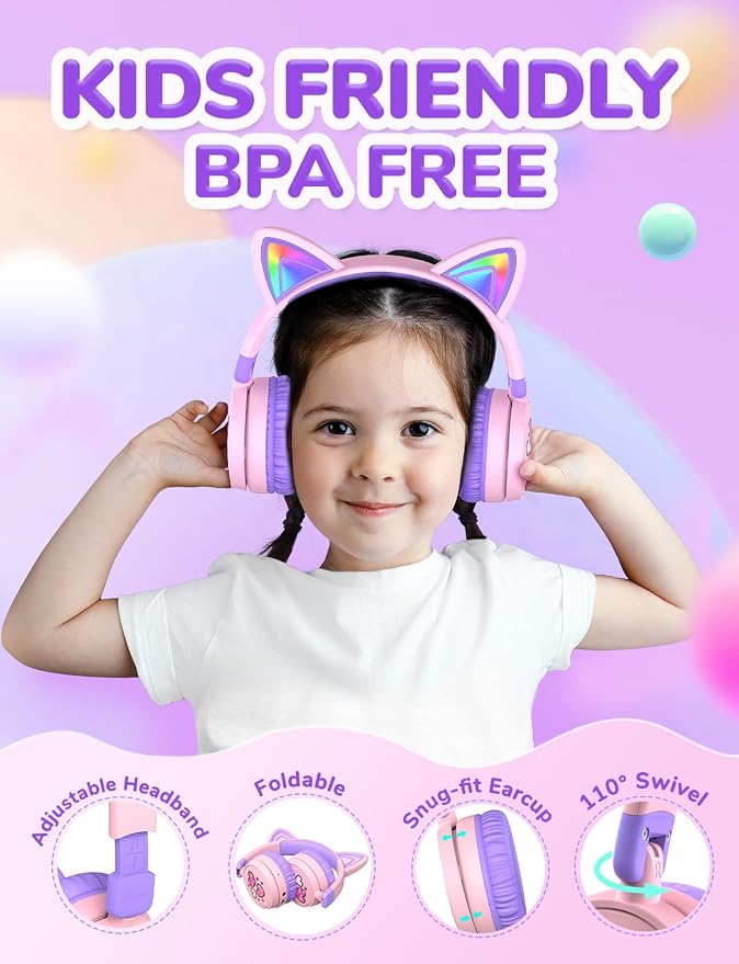 iClever Kids Bluetooth Headphones, Light Up Cat Ear,60H Playtime, USB C Fast Charging, Safe Volume 74/85dBA, Bluetooth 5.3,Toddler Headphones Wireless for iPad Tablets Travel,Meow Cookies-Peach Pink