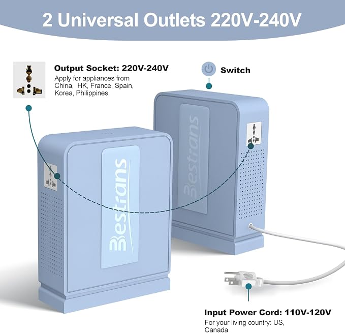 1000W Step Up Transformer 110v to 220v Converter, Heavy Duty Voltage Converter 110v-120v to 220v-240v with Dual Outlets, Overload Protection & Ultra-Quiet for Home Appliances, Light Blue