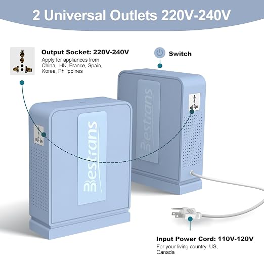 2000W Step Up Transformer 110v to 220v Converter, Heavy Duty Voltage Converter 110v-120v to 220v-240v with Dual Outlets, Overload Protection & Ultra-Quiet for Home Appliances, Light Blue