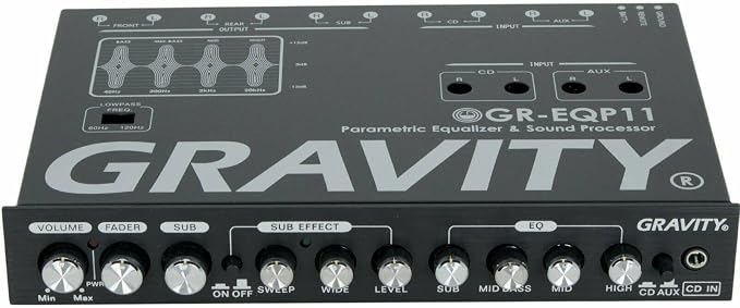 Gravity GR-EQP11 Digital Bass Machine 1/2 Din 9V 4-Way Car Parametric Equalizer w/Front, Rear + Sub Output and Night Illumination