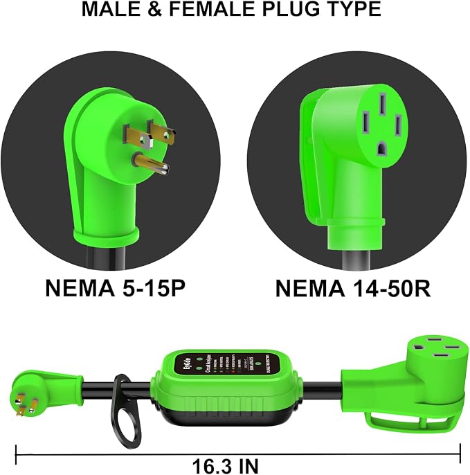 EyGde 50 Amp to 15 Amp 110V RV Adapter with Surge Protector 5000J, Patented 5-15P Male to 14-50R RV Adapter Plug 16.3 Inch, Circuit Analyzer Protector for Camper Trailer, Green