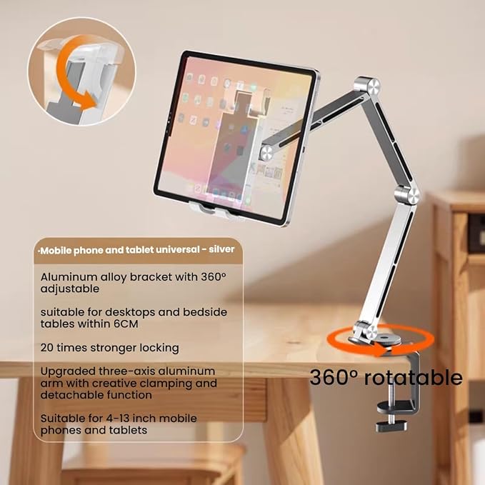 Adjustable Phone Tablet Mount,Ergonomic Multi Joint Stand with Sturdy Desk Clamp, 360° Rotatable & Height Compatible with Devices for Home,Office,Studio(Silver)