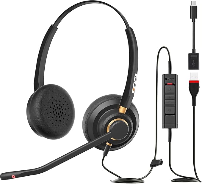 Arama USB Headset with Microphone for PC, Computer Headset with Microphone, Noise Cancelling Adjustable Volume Control Lightweight, for Laptop Business Skype UC Webinar Call Center Office