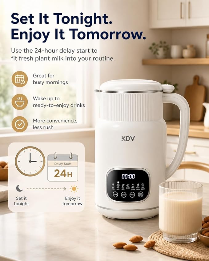 KDV Nut Milk Maker Machine, 8-in-1 Multifunction Soy Milk Maker with Stainless Steel, Homemade Soy, Almond, Oat, Coconut, Plant Based & Non-Dairy Beverages, 24H Delay Start, Keep Warm, Auto Clean