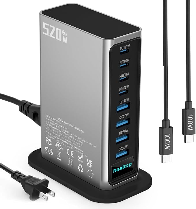 520W USB C Charging Station, 8-Port GaN Fast Type C Charger Block, Wall Charger, Multiport Desktop Power Hub for MacBook Pro, MacBook Air, iPhone 16/15, iPad, Samsung
