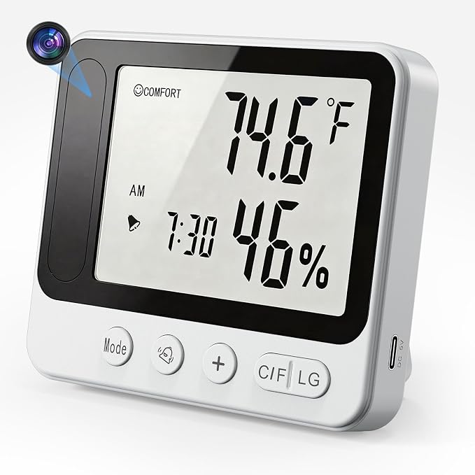 Hygrometer with Hidden Camera 4K WiFi Nanny Cam with Humidity and Tempreture Monitor, Motion Detection, Night Vision, Live View by Phone
