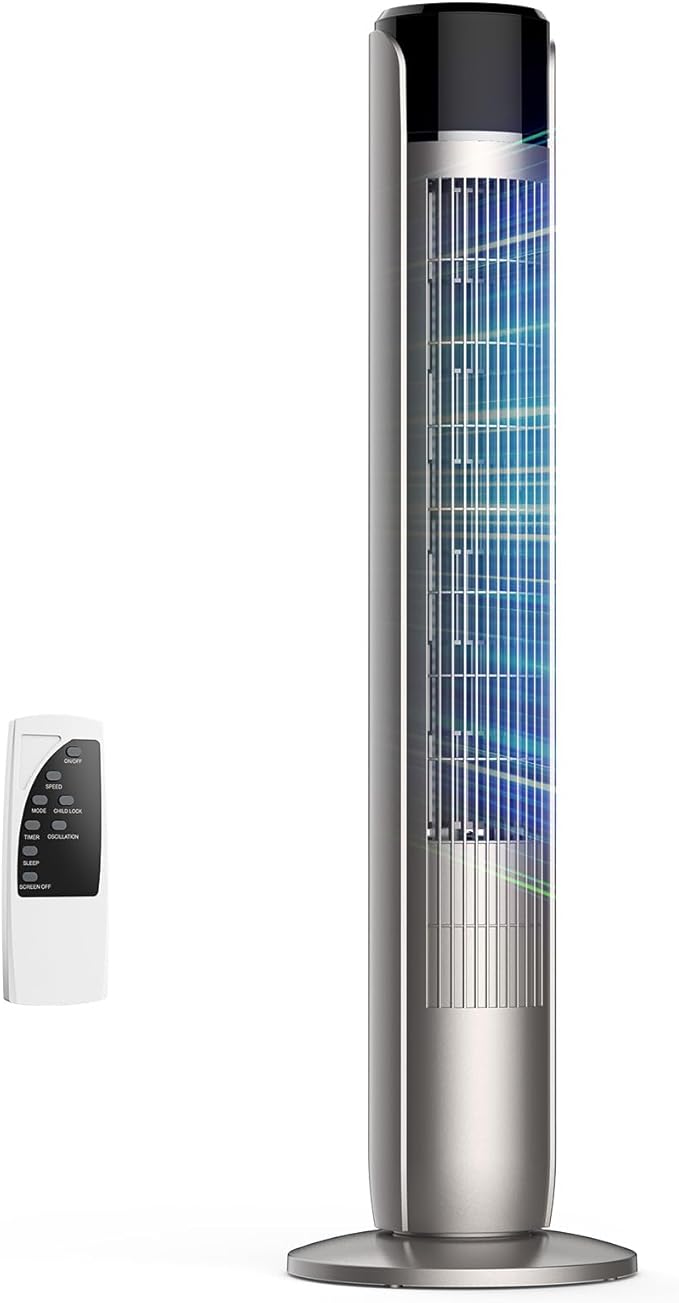 OLIXIS Tower Fan for Bedroom, 60°Oscillating Fan with Remote, 25ft Far, 28dB Quiet Electric Standing Fan, 12 H Timer, 5 Speeds, 4 Modes, Bladeless Floor fan for Home, Office, Indoor, 36 Inch