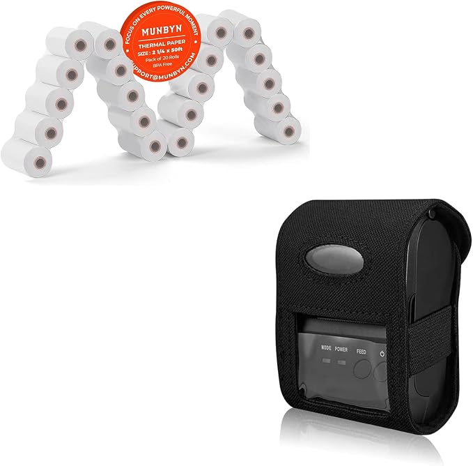 MUNBYN Android Wireless Bluetooth Thermal Printer with Carry Case and 2 1/4 x 50ft Thermal Paper (20 Rolls), BPA Free Receipt Paper