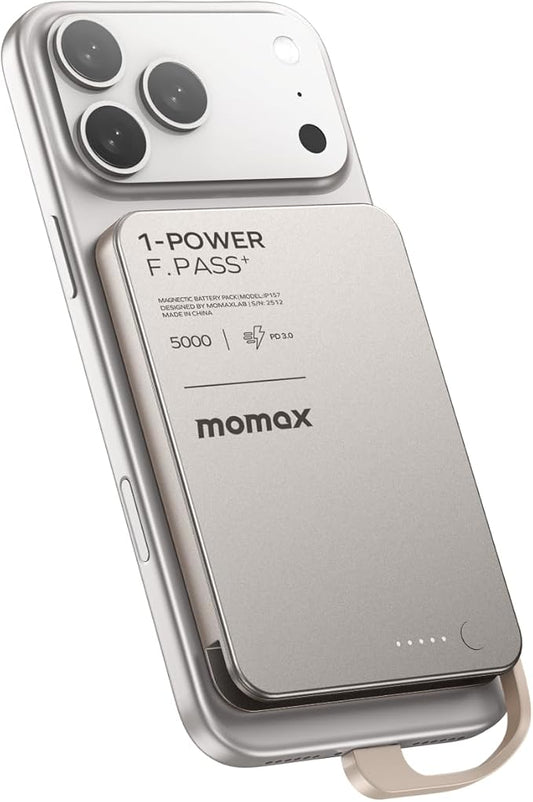 MOMAX 0.3" Slim Power Bank with Built in Cable USB C Battery Pack 5000mAh, PD20W Fast Charging Portable Charger for iPhone 17/16/15, Samsung, Google, Android, iPad, AirPods (No-Wireless)