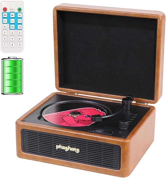 Retro Bluetooth CD Player Looks Like a Record Player, 3000mAh Rechargeable Battery for 3-4Hours Playback, CDplayer with Remote, USB/AUX, Dual Speakers