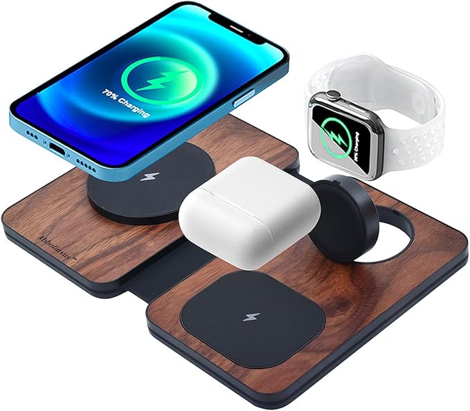 3-in-1 Charging Station for Apple Devices, Fast Mag Safe Wireless Charger, Foldable Travel Charger for Cell Phone 16-12 Series, AirPods, and iWatch Series (wulnut Wood)