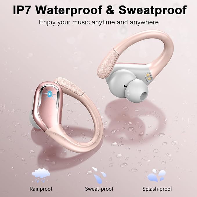 Wireless Earbuds, 75hrs Bluetooth 5.4 Headphone Sport, 2026 Bluetooth Earbuds Deep Bass Over Ear Buds with Earhooks, ENC Noise Cancelling Earphone Mic, IP7 Waterproof for Workout/Running/Gym Rose