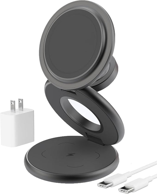 KU XIU X63 3 in 1 Charging Station for Apple, Aluminum Alloy Foldable Magnetic Wireless Charger, Travel Charger for iPhone 17/16/15/14/13/12 Series, Apple Watch & AirPods (with 20W Adapter)-Gray