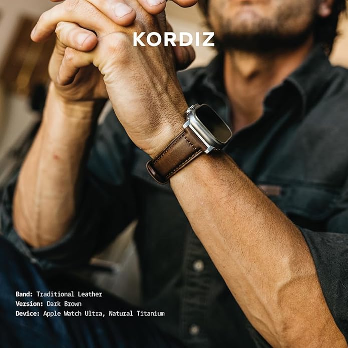 KORDIZ Traditional Leather Band for Apple Watch ULTRA 3, ULTRA 2/1 & Series 11, 10, 9, 8, 7-1, SE3, SE2, SE - Genuine Full Grain Leather Wristband - Men Women Replacement Band for iWatch Apple Watch [ 49mm 46mm 45mm 44mm ]