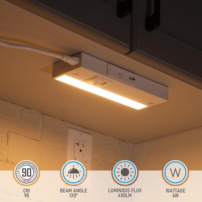 TORCHSTAR 4-Pack 8 Inch LED Under Cabinet Lighting 5CCT, ETL T24, 6W 450LM, Hardwired & Plug-in, 5 Color Selectable CRI90 120V Dimmable Under Counter Lights for Kitchen, White Aluminum Housing