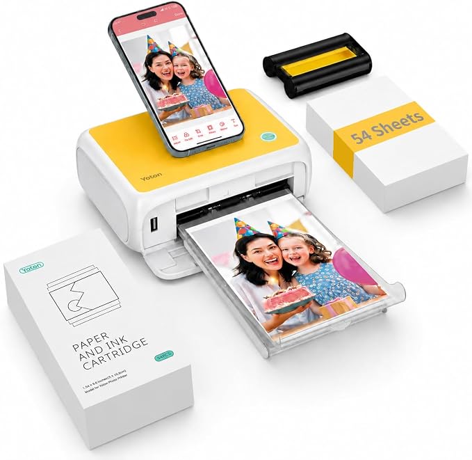 YOTON Photo Printer, Picture Printer with 54 Sheets (4"x6") & 1 Ink Ribbon, Support AR Video Printing, Wi-Fi Connection, Portable Photo Printer for iPhone/Android/Laptop (Yellow)