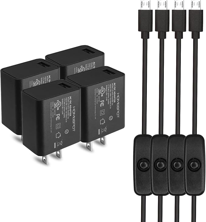 4 Pack 5V 3A Power Supply UL-Listed with Switch 2.5A 2A 1.5A 1A Fast Charge AC Adapter w/ 1.5m Extra Long On Off Power Switch Micro USB Cable for Raspberry Pi 3 Model B/B+ Plus