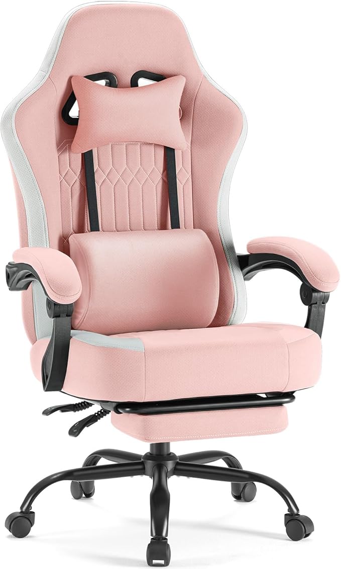 DUMOS Gaming Chair with Linkage Armrests, Video Game Chairs with Pocket Spring Cushion, Ergonomic Computer Silla Gamer Office Desk Chair with Footrest for Adults & Students, Pink