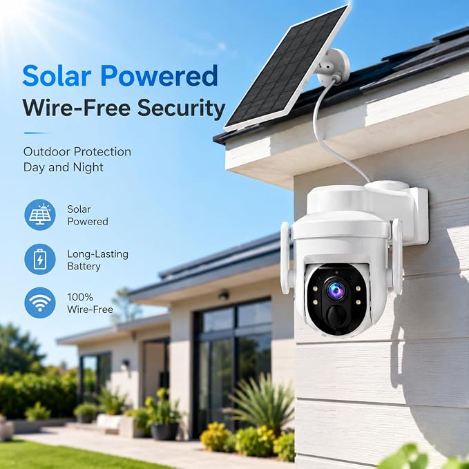 2K Solar Camera Outdoor Wireless, 2.4Ghz WiFi Battery Camera, 355° View Pan/Tilt Solar Camera with PIR Alarm, 2-Way Audio, Color Night Vision, IP65 Waterproof, Cloud & SD Storage