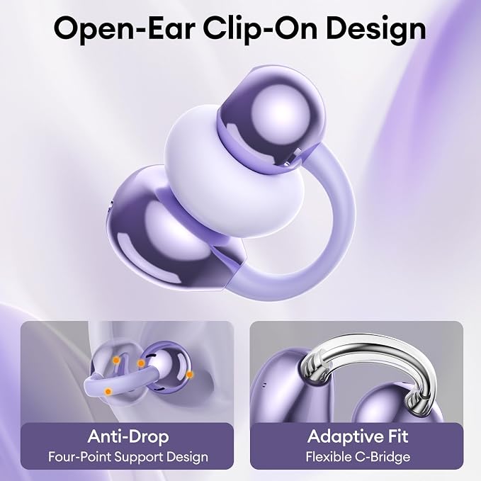 PAXA Stylish Open Ear Clip On Earbuds with Removable Butterfly Earring, Clip On Headphones with LCD Touch Screen, Fashionables Open Ear Headphones for Women, Butterfly Earring Purple Earbuds