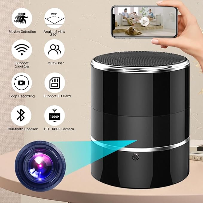 Indoor Security Camera in Bluetooth Speaker, 240° Viewing Angle,1080p Full HD WiFi Camera,Wireless Dome Cams Phone App,Motion Activated for Home Offices Store(2.4G /5G)
