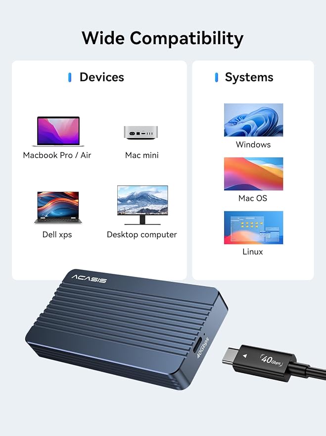 ACASIS 40Gbps M.2 NVMe SSD Enclosure for Thunderbolt 4/3/USB4, with Tool-Free Installation, Aluminum Heat Sink & Noiseless Design, Supports 2280-2230 SSDs for M1/M2 Pro/Max.