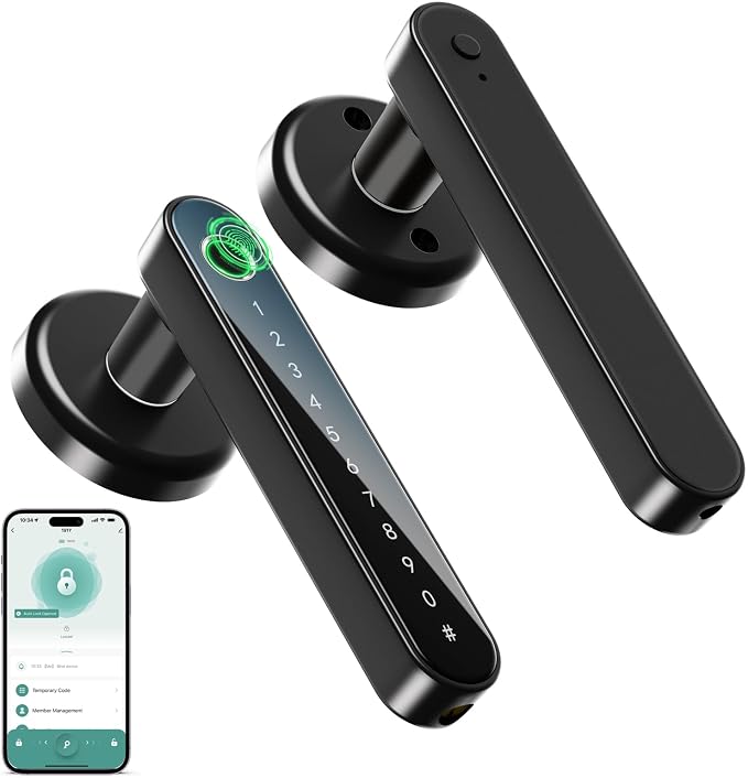 IRONZON Fingerprint Door Handle for Bedrooms - 2pcs 191Y 4-in-1 Fingerprint Door Lock with Keypad and App Control, Smart Knob for Bedroom with Key, Keyless Entry Door Handle - Black