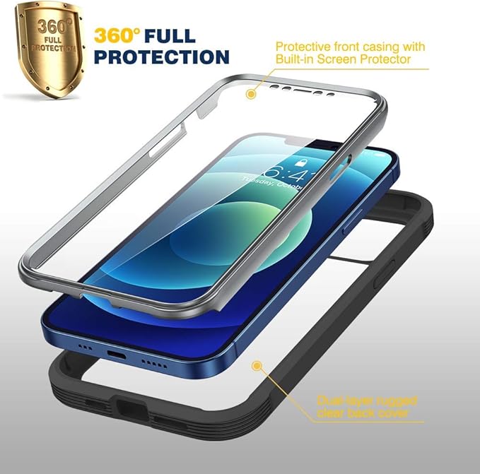 Diaclara Designed for iPhone 12/12 Pro Case, Full Body Rugged with Built-in Touch Sensitive Anti-Scratch Screen Protector, Soft TPU Bumper Case for iPhone 12/12 Pro 6.1" (Black and Clear)