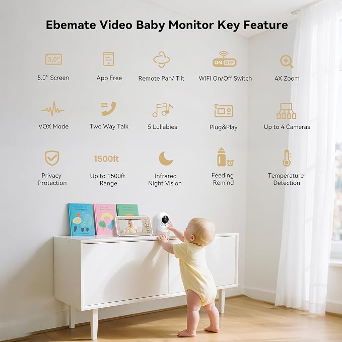 ebemate Video Baby Monitor with Camera and Audio, 5" IPS Screen, 30H Battery, Hybrid WiFi and No WiFi Connection, Pan-Tilt-Zoom, Night Vision, 2-Way Talk, 1500ft, for New Parents/Elderly EBE50P