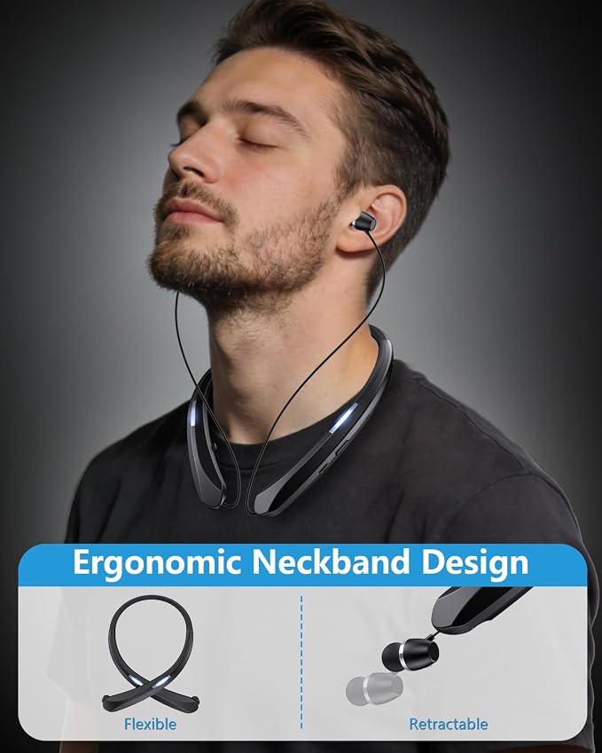 Bluetooth 5.3 Neckband Bluetooth Headphones, Retractable Headphone IPX5 Sweatproof & Vibration Notifications, Secure Fit and Stereo Sound for Cycling and Hiking