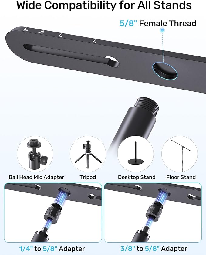 Stereo Array Spacing Mic Bar Mount, Aluminum Dual Microphone Holder with Ruled Markings & Adjustable Positioning, Fits 5/8", 3/8" & 1/4" Stands, Ideal for XY/ORTF Recording, Studio, Podcasting