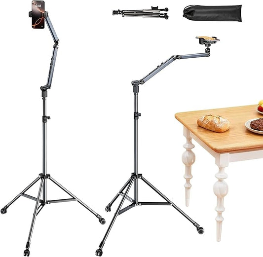 Phone Tripod Stand for Video Recording with Casters,Overhead Cell Phone Stand for Bed,360° Adjustable Desk iPhone Tripod Floor Holder with Long Extension Arm,Compatible with iPhone 17 Android