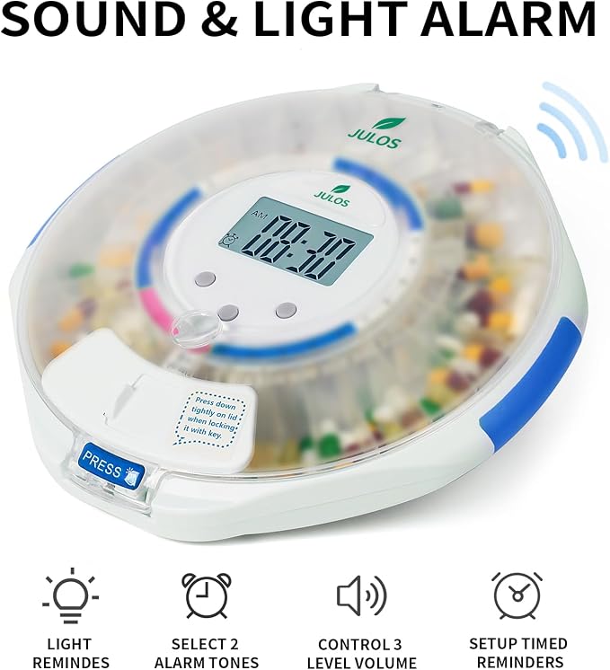 JULOS Automatic Pill Dispenser with App for Elderly & Dementia Care | Sound/Light Reminder, Up to 9 Daily Doses,LCD Display,Key Lock Security