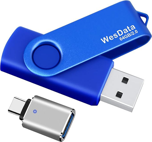 64GB USB 2.0 Flash Drive and 1 USB C Adapter, Thumb Drive USB Memory Stick Jump Drive, Compatible with OTG Type C Phones, Tablets, Laptop, PC (Blue)