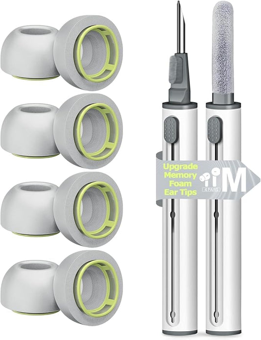 4 Pairs Medium Memory Foam Ear Tips for AirPods Pro 1st & 2nd Gen, No Silicone Eartips Pain, Better Noise Cancellation, Replacement Buds with 3 in 1 Cleaner Kit, Fit in Charging Case,Gray