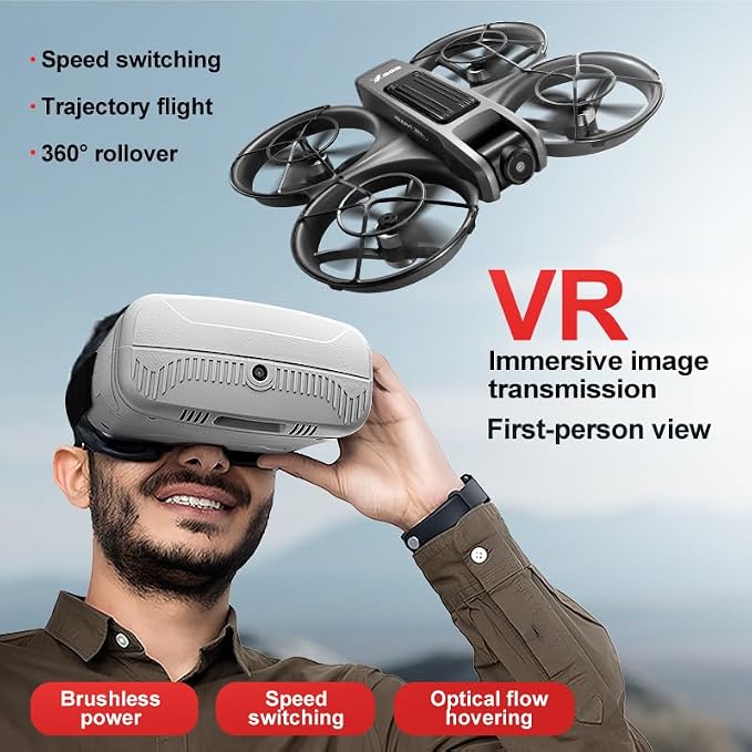 VR FPV Hobby Drone with VR Goggles, Optical Flow Positioning, Dual Batteries, One Key Takeoff/Landing, APP Control, Brushless Motor, Beginner-Friendly Quadcopter with Propeller Guards, Altitude Hold, Dual Cameras & LED Night Lights, a first-person view