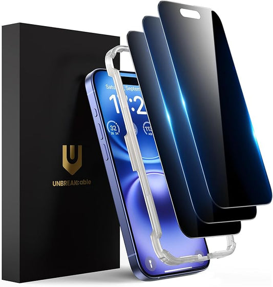 UNBREAKcable Privacy Screen Protector for iPhone 16 (6.1"), 25° Anti-Spy Tempered Glass, Easy Install Alignment Frame, Case-Friendly, 9H Hardness, Anti-Fingerprint, 3-Pack