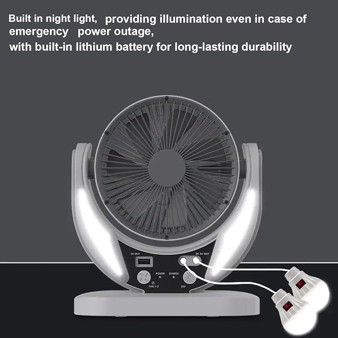 Camping Fan with Solar Panel, Rechargeable Battery Powered Tent Fan with LED Light & Bulbs, Portable Desk Fan for Outdoor Camping, Fishing, Hurricane, Home Emergency