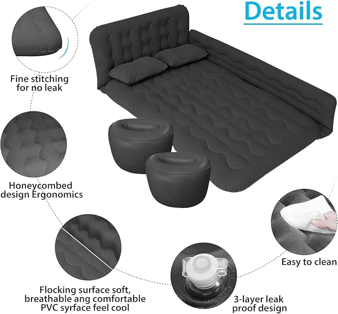 Car Bed SUV Air Mattress, Car Air Mattress with Electric Pump, 2 Inflatable Pillows and 2 Footrests for Back Seat, Side Seat,Trunk Sleeping, Thickened Camping Bed - Black