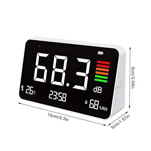 Digital Decibel Meter, Sound Level Meter Tester 30-130 dB Meter Desktop Temperature Humidity Noise Alarm Time for Home, Classroom, Studio, Factory