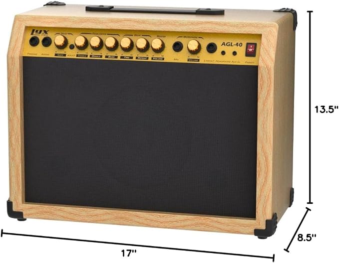 LyxPro 40 Watt Electric Guitar Amplifier | Solid State Studio Amp with 8” 4-Ohm Speaker, Custom EQ Controls, Drive, Delay, ¼” Passive/Active/Microphone Inputs, Aux in & Headphone Jack - Natural