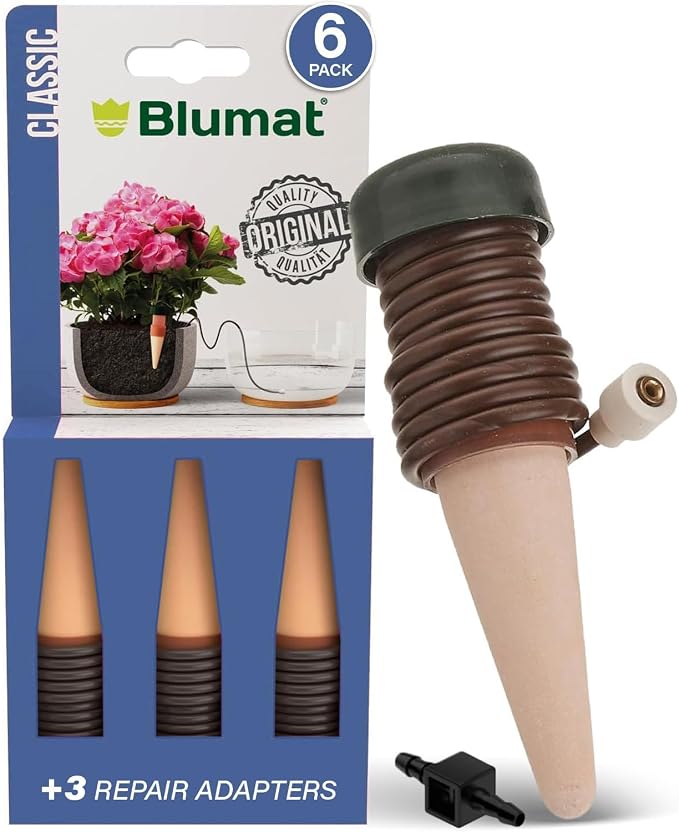 Blumat Classic Self-Watering Stakes - Prevents Overwatering and Underwatering for Healthy Growth While You are Away - Ideal for Indoor Plant Watering, 6 Pack, w Adapter