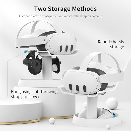 AMVR Stand Holder Compatible with Meta Quest 3s/Quest 3/Vision Pro/Quest 2/Pico 4/for PSVR 2 - Universal VR Headset Display Dock, Stable Bracket Storage Round Base, Mount Install Easy