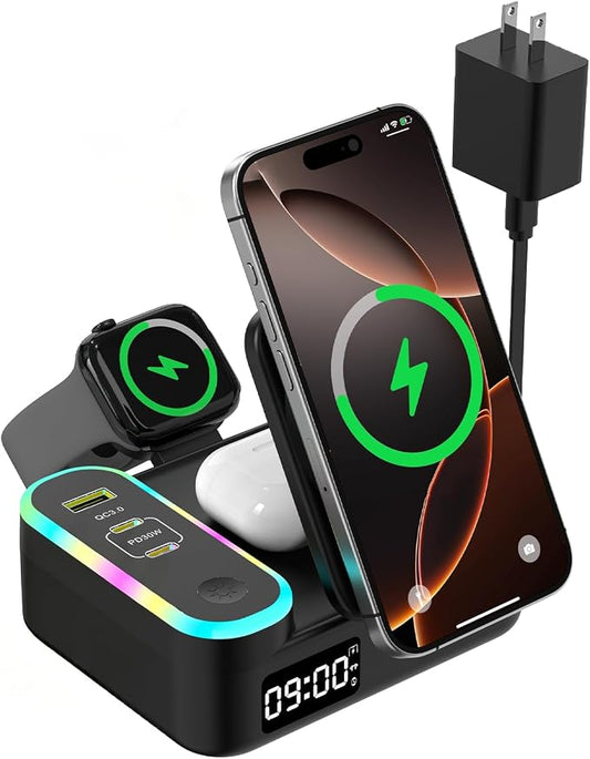 65W 8-in-1 Wireless Charging Station for Apple Samsung Multi-Devices, 3-Ports USB A/C Retractable Charger Stand/Desktop Orgnaizer for iPhone17/16/Galaxy 26/iPad/iWatch AirPods for Home Office, Family