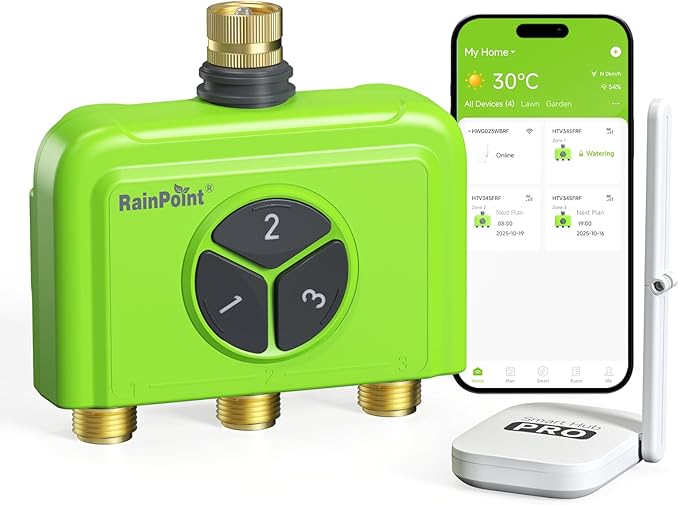 RAINPOINT 3 Zone WiFi Water Timer with Smart Gateway, Brass Inlet/Outlet WiFi Sprinkler Timer, Voice Control, Smart Watering System by Time/Weather/Quantity/Soil Moisture, (Green, 3 Zone)