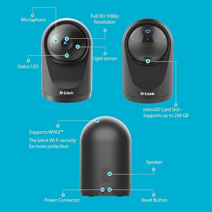 D-Link Pro Series Compact Full HD Pan & Tilt Wi-Fi Camera w/ 360 Degree View, Full HD 1080p Resolution, Sound & Motion Detection, 2-Way Audio, Cloud & Local Recording, Night Vision (DCS-6500LHV2)