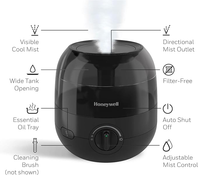 Honeywell Small Compact Ultrasonic Mini Cool Mist Humidifier with Adjustable Mist Control and Essential Oil Tray for Indoor Humidity, Black