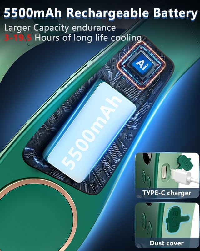Neck Fan Air Conditioner,Neck Fans that Blow Cold Air,[3-19.5 Hours] Long Battery Life Neck Coolers for Extremely Hot Weather Flashes,Fanless Handsfree Hangs Fan Around Neck Headband Devices Green